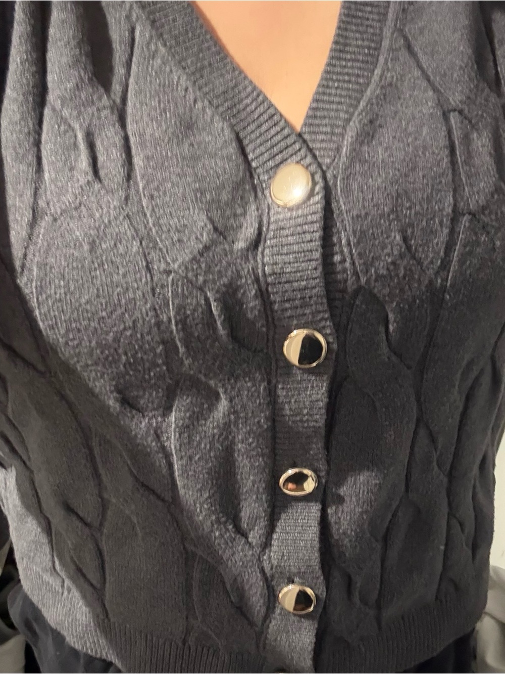 Women's Charcoal Cable-Knit Button Cardigan Sweater